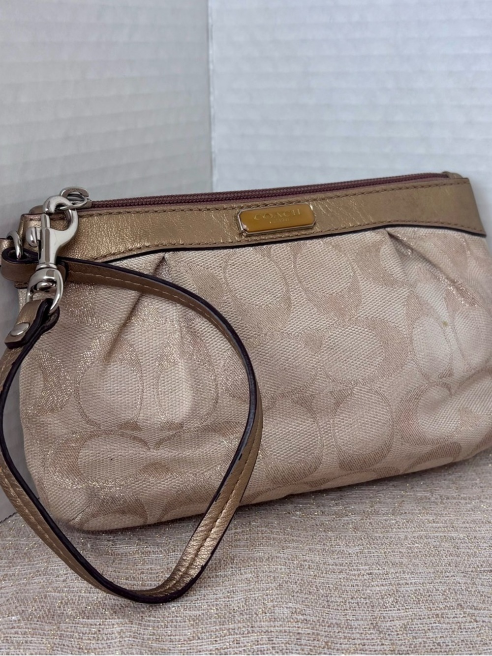 Coach Gold Signature Wristlet Small Metallic Canvas Zip Pouch